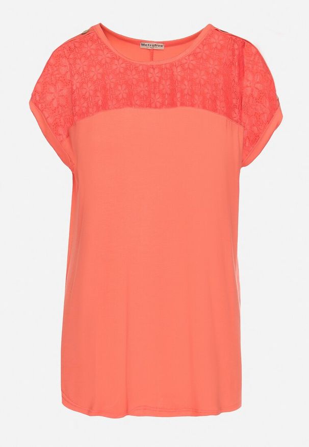 Born2be - Pomarańczowa Ażurowa Bluzka z Wiskozy Ozdobiona Guzikami Elloria. Okazja: do pracy. Typ kołnierza: dekolt w łódkę. Kolor: pomarańczowy. Materiał: wiskoza. Długość: krótkie. Wzór: ażurowy, aplikacja. Styl: elegancki