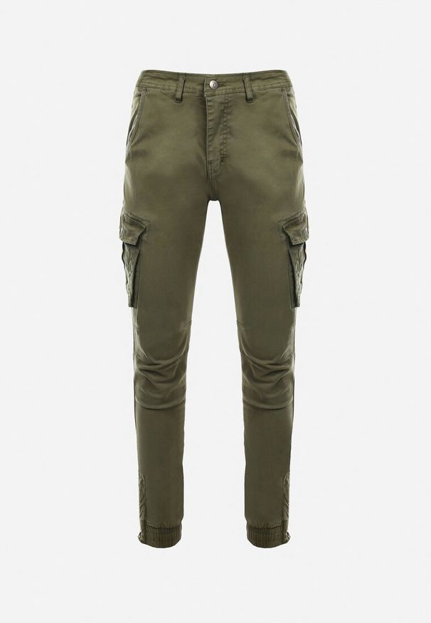 Born2be - Khaki Spodnie Bojówki Neaera. Okazja: na co dzień. Kolor: brązowy. Materiał: tkanina, bawełna. Długość: długie. Wzór: aplikacja. Styl: casual, sportowy
