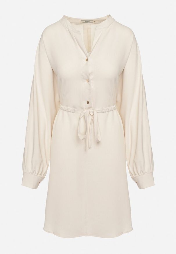 Born2be - Beżowa Sukienka z Wiązaniem w Talii z Koszulową Górą Leandia. Okazja: na co dzień. Kolor: beżowy. Materiał: skóra. Typ sukienki: koszulowe. Styl: elegancki, casual