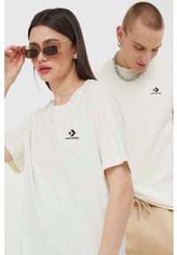 Converse t-shirt bawełniany kolor beżowy z aplikacją. Kolor: beżowy. Materiał: bawełna. Długość rękawa: krótki rękaw. Długość: krótkie. Wzór: aplikacja. Styl: klasyczny #1