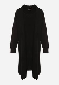 Born2be - Czarny Komplet Dzianinowy z Wełną Długi Kardigan i Sukienka w Prążki Falandrea. Kolor: czarny. Materiał: dzianina, wełna. Wzór: prążki #4