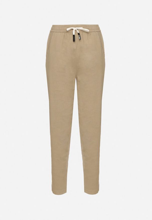 Born2be - Beżowe Spodnie Bawełniane w Stylu Mom Fit ze Sznurkiem Adenelle. Okazja: na co dzień. Kolor: beżowy. Materiał: bawełna. Styl: casual