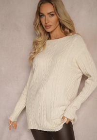 Renee - Jasnobeżowy Sweter z Bawełną Wiskozą i Ozdobnym Splotem Viacelia. Okazja: na co dzień, na spotkanie biznesowe. Kolor: beżowy. Materiał: bawełna, wiskoza. Długość rękawa: długi rękaw. Długość: długie. Wzór: ze splotem. Styl: biznesowy, elegancki, casual #4