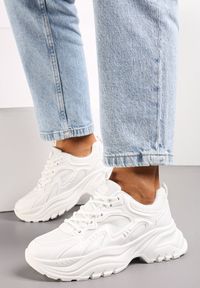 Renee - Białe Sneakersy na Grubej Podeszwie Ozdobione Siateczką Liritea. Kolor: biały. Wzór: aplikacja #3