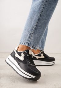 Born2be - Czarne Sneakersy na Grubej Podeszwie z Perforacją i Tweedowymi Wstawkami Idaphyphe. Okazja: na co dzień. Kolor: czarny. Materiał: jeans #6