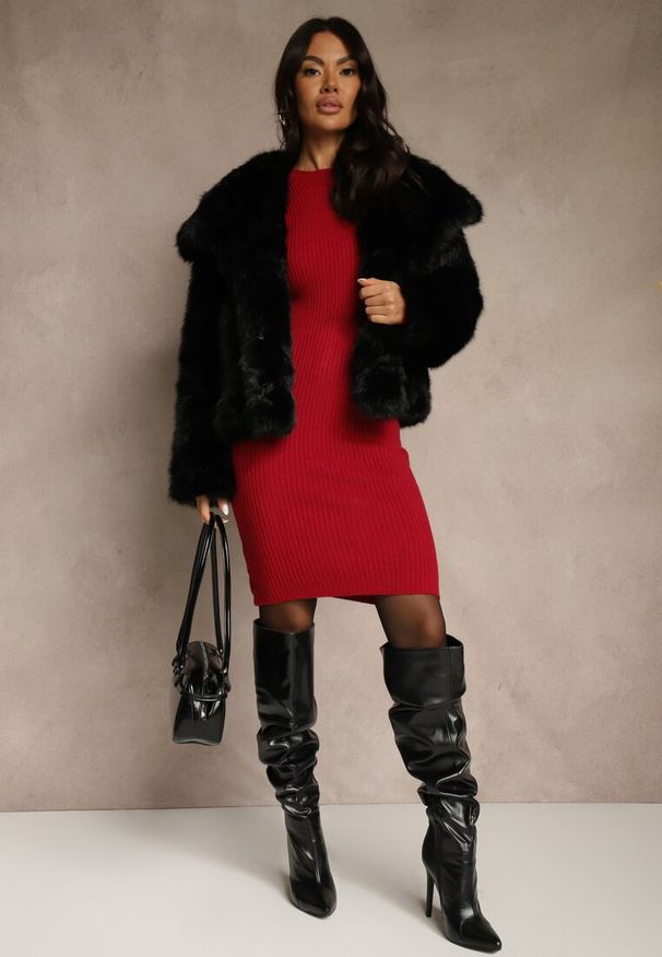 Renee - Bordowa Sweterkowa Dopasowana Sukienka z Bawełną Reileta. Kolor: czerwony. Materiał: bawełna