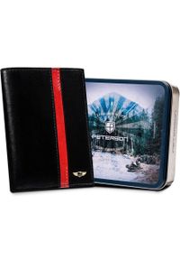 Skórzany portfel męski czarny z czerwonym akcentem Peterson PTN N74-VTP BL-RED. Kolor: czarny, czerwony, wielokolorowy. Materiał: skóra