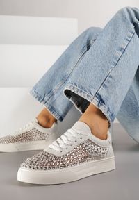 Renee - Beżowe Cyrkoniowe Sneakersy na Platformie Lilaela. Okazja: na co dzień. Kolor: beżowy. Materiał: jeans. Obcas: na platformie #3