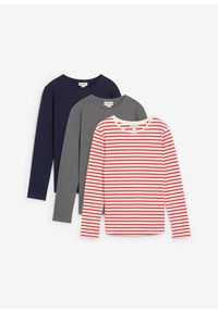 bonprix - Bluzka z długim rękawem z czystej bawełny organicznej (3 szt.). Kolor: czerwony. Materiał: bawełna. Długość rękawa: długi rękaw. Długość: długie
