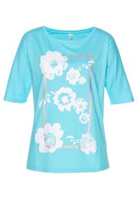 Shirt z kwiatowym nadrukiem bonprix morsko-biały w kwiaty. Kolor: niebieski. Długość rękawa: długi rękaw. Długość: długie. Wzór: kwiaty, nadruk #1