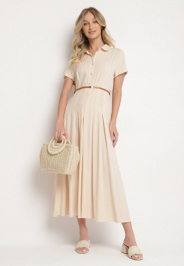 Born2be - Beżowa Wiskozowa Sukienka o Koszulowym Fasonie z Wąskim Paskiem Fillamea. Kolor: beżowy. Materiał: wiskoza. Wzór: aplikacja. Typ sukienki: koszulowe. Styl: elegancki