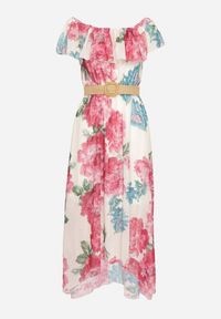 Born2be - Fuksjowa Sukienka Typu Hiszpanka w Kwiaty z Paskiem Sademire. Okazja: na co dzień. Typ kołnierza: dekolt hiszpanka. Kolor: różowy. Wzór: kwiaty. Styl: casual #2