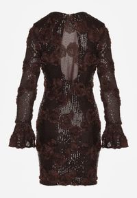Born2be - Brązowa Cekinowa Sukienka z Kwiatami 3D Naweda. Okazja: na spotkanie biznesowe. Kolor: brązowy. Materiał: poliester, jeans. Wzór: kwiaty. Styl: biznesowy #7