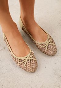 Born2be - Ciemnobeżowe Siateczkowe Balerinki z Plecioną Cholewką z Kokardką Lilinrelle. Okazja: na co dzień. Kolor: beżowy. Materiał: jeans. Szerokość cholewki: normalna. Styl: casual, klasyczny, elegancki #1