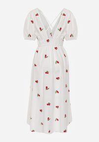 Renee - Biała Rozkloszowana Koktajlowa Sukienka z Bawełny z Gumką w Talii i Haftem z Wisienkami Vimasina. Okazja: na co dzień. Kolor: biały. Materiał: bawełna. Wzór: haft. Typ sukienki: proste. Styl: wizytowy #2