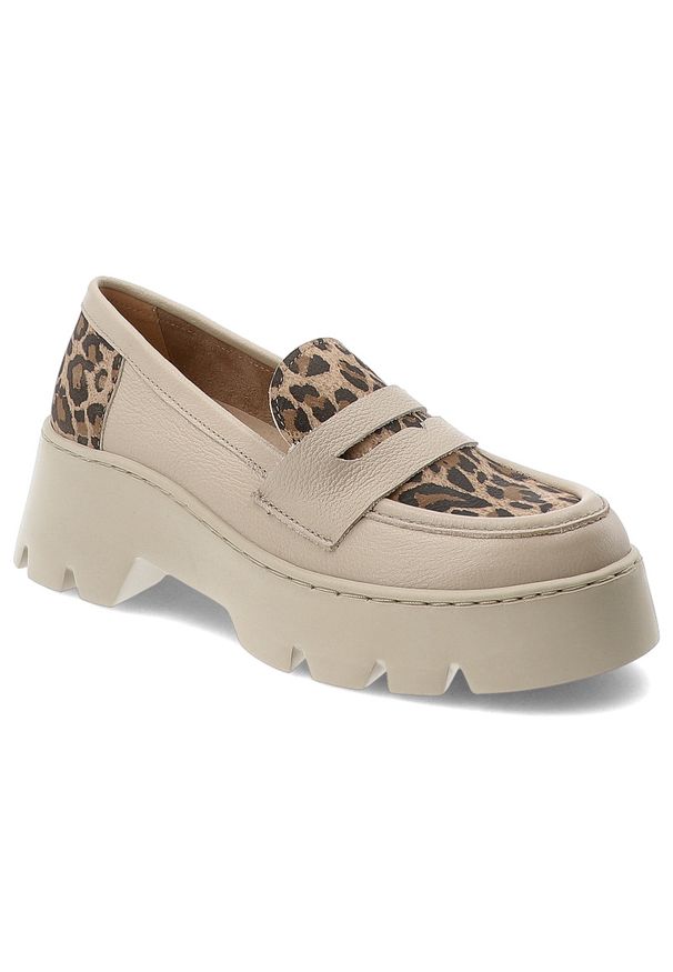 Beżowe Półbuty Armodo Stylowe Obuwie Damskie Ze Skóry Naturalnej. Zapięcie: pasek. Kolor: beżowy. Materiał: skóra. Szerokość cholewki: normalna. Wzór: nadruk, motyw zwierzęcy. Obcas: na platformie. Styl: elegancki