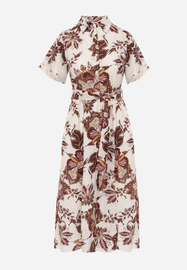 Renee - Brązowa Bawełniana Sukienka o Koszulowym Kroju z Paskiem Zdobiona Haftem Anasteia. Okazja: na co dzień. Kolor: brązowy. Materiał: bawełna. Wzór: aplikacja, haft. Sezon: lato. Typ sukienki: koszulowe. Styl: elegancki, casual