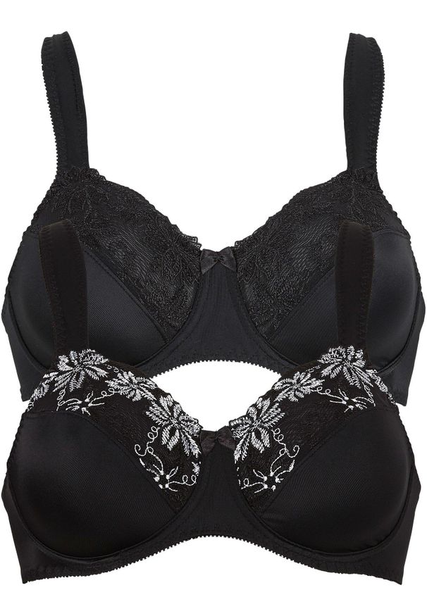 bonprix - Biustonosz na fiszbinach z wyściełanymi ramiączkami (2 szt.). Kolor: czarny. Materiał: materiał. Rodzaj stanika: wyściełane miseczki, różne sposoby noszenia. Wzór: haft