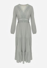 Renee - Zielona Sukienka Rozkloszowana z Falbanką i Koronką Kiaya. Kolor: zielony. Materiał: koronka. Wzór: koronka. Długość: maxi #2