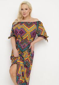 Born2be - Żółto-Fioletowa Bawełniana Sukienka z Hiszpańskim Dekoltem Rozkloszowana z Materiałowym Paskiem Dacella. Okazja: na imprezę, na co dzień, na spotkanie biznesowe. Kolor: żółty. Materiał: materiał, bawełna. Sezon: lato. Typ sukienki: rozkloszowane, proste. Styl: casual, biznesowy #2