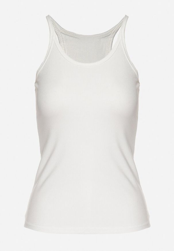 Born2be - Biały Top z Prążkowanego Materiału Turine. Kolor: biały. Materiał: materiał, prążkowany. Styl: sportowy, klasyczny