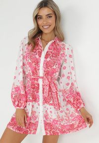 Born2be - Fuksjowa Koszulowa Sukienka z Guzikami i Gumką w Pasie Melija. Kolor: różowy. Materiał: materiał. Wzór: kwiaty. Sezon: wiosna, lato. Typ sukienki: koszulowe #1