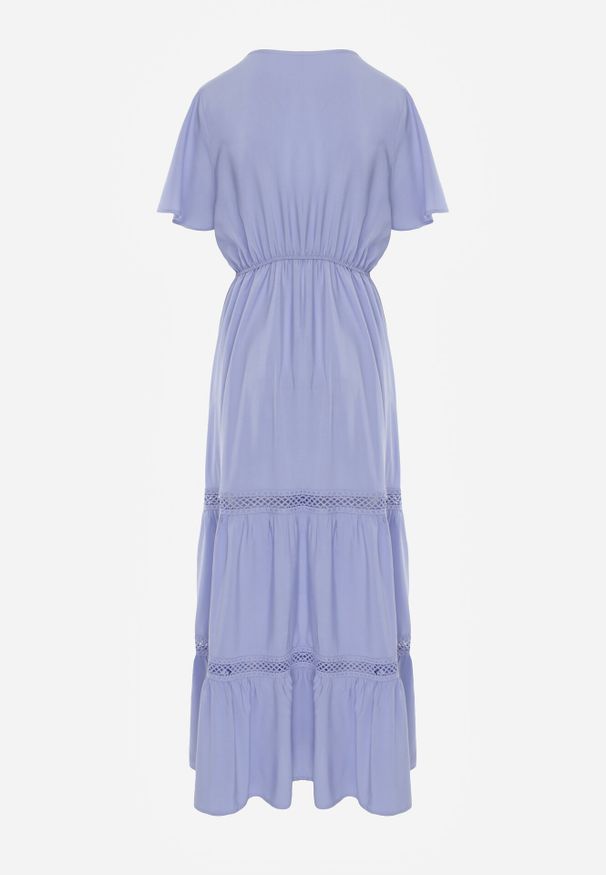 Born2be - Jasnoniebieska Sukienka Maxi z Gumką w Pasie i Koronkowymi Wstawkami Anandia. Kolor: niebieski. Materiał: koronka. Wzór: aplikacja. Długość: maxi