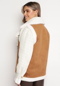 Born2be - Brązowa Kamizelka Bezrękawnik w Stylu Biker z Ekozamszu z Futerkiem Terone. Kolor: brązowy. Materiał: futro. Długość rękawa: bez rękawów. Wzór: aplikacja #2