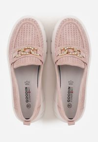 Renee - Różowe Perforowane Mokasyny ze Skóry Naturalnej z Aplikacją na Platformie Heilarta. Kolor: różowy. Materiał: skóra. Szerokość cholewki: normalna. Wzór: aplikacja. Obcas: na platformie #9