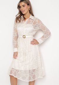 Born2be - Jasnobeżowa Rozkloszowana Sukienka Midi z Haftowanej Tkaniny Abdiela. Kolor: beżowy. Materiał: tkanina. Długość rękawa: na ramiączkach. Wzór: haft. Długość: midi #3