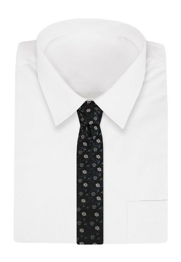 Czarny Klasyczny Szeroki Krawat w Szare Kwiatki -Angelo di Monti- 7 cm, Męski, Elegancki. Kolor: czarny, wielokolorowy, szary. Wzór: kwiaty. Styl: klasyczny, elegancki