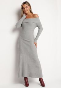 Born2be - Szara Rozkloszowana Sukienka z Wiskozą i Odkrytymi Ramionami Siannela. Okazja: na co dzień. Kolor: szary. Materiał: wiskoza. Długość rękawa: długi rękaw. Styl: klasyczny, casual, elegancki #1