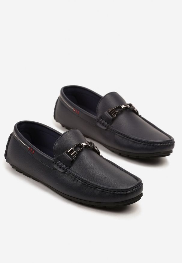Born2be - Granatowe Półbuty Mokasyny z Ozdobnymi Przeszyciami i Aplikacją Wismea. Okazja: do pracy. Kolor: niebieski. Materiał: jeans. Wzór: aplikacja. Styl: klasyczny