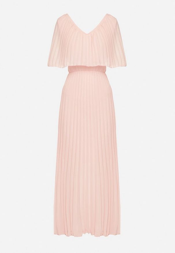 Born2be - Jasnoróżowa Sukienka Plisowana z Szeroką Falbaną Przy Dekolcie Dinara. Kolor: różowy. Styl: wizytowy. Długość: maxi