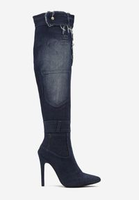 Renee - Niebieskie Kozaki Jeansowe na Wysokiej Szpilce Ozdobione Przetarciami Ariamella. Kolor: niebieski. Materiał: jeans. Wzór: aplikacja #5