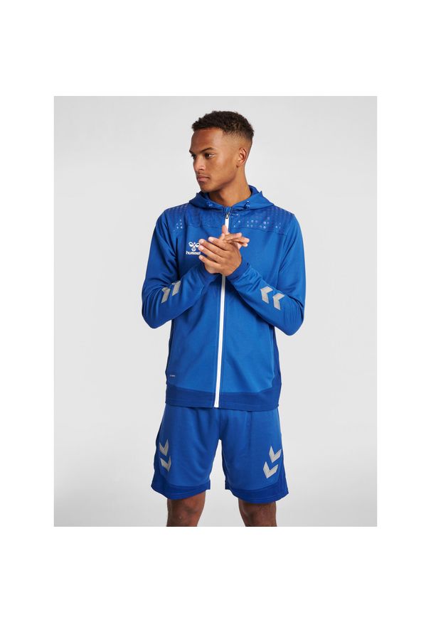Poliestrowa bluza z kapturem zapinana na zamek Hummel Lead. Typ kołnierza: kaptur. Kolor: niebieski. Materiał: poliester. Sport: fitness