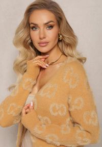 Renee - Ciemnobeżowy Jednolity Kardigan w Cętki Niezapinany Raniwasa. Kolor: beżowy. Wzór: jednolity #4