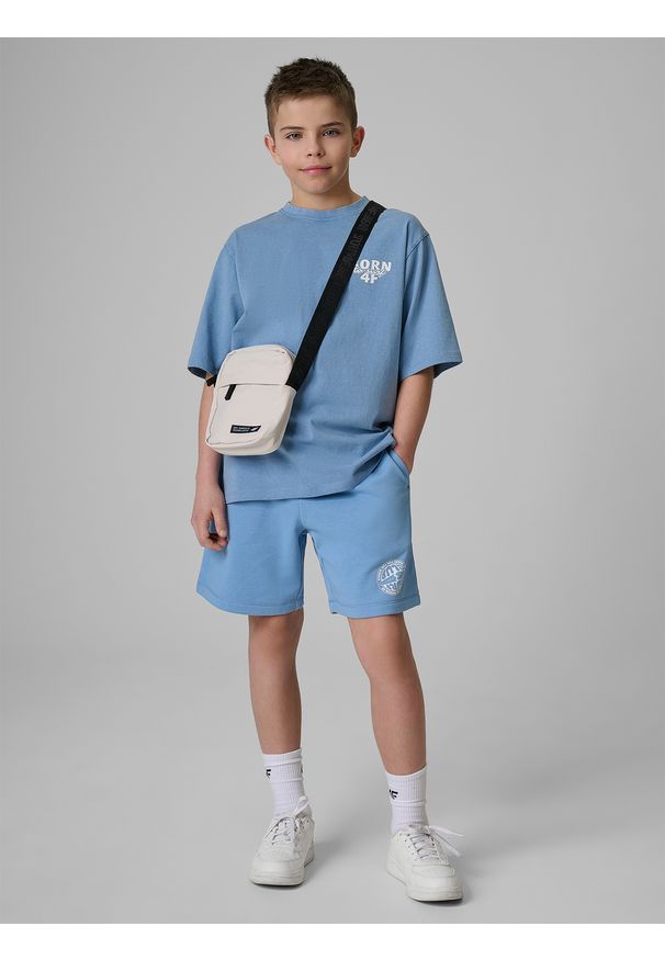4f - 4F T-shirt loose z nadrukiem chłopięcy - niebieski 134/140 (8-10 lat). Okazja: na co dzień, na uczelnię, na spacer. Kolor: niebieski. Materiał: dzianina, skóra, materiał, bawełna. Wzór: nadruk. Sezon: lato. Styl: casual
