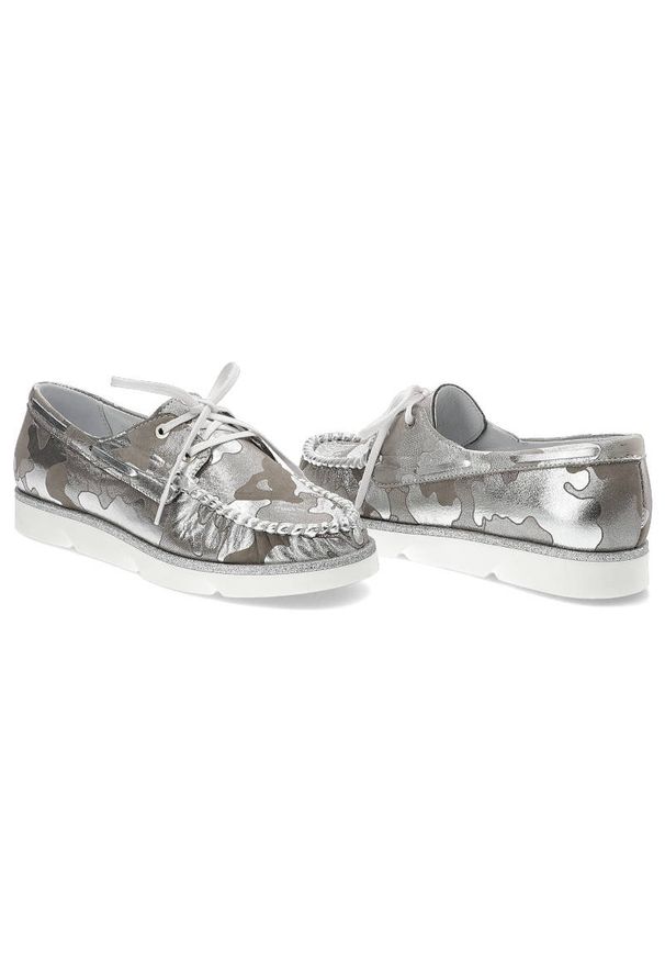 Srebrne Mokasyny Simen Damskie Buty Płaskie. Okazja: na co dzień. Kolor: srebrny. Materiał: skóra. Wzór: moro. Sezon: wiosna, lato. Styl: casual, klasyczny