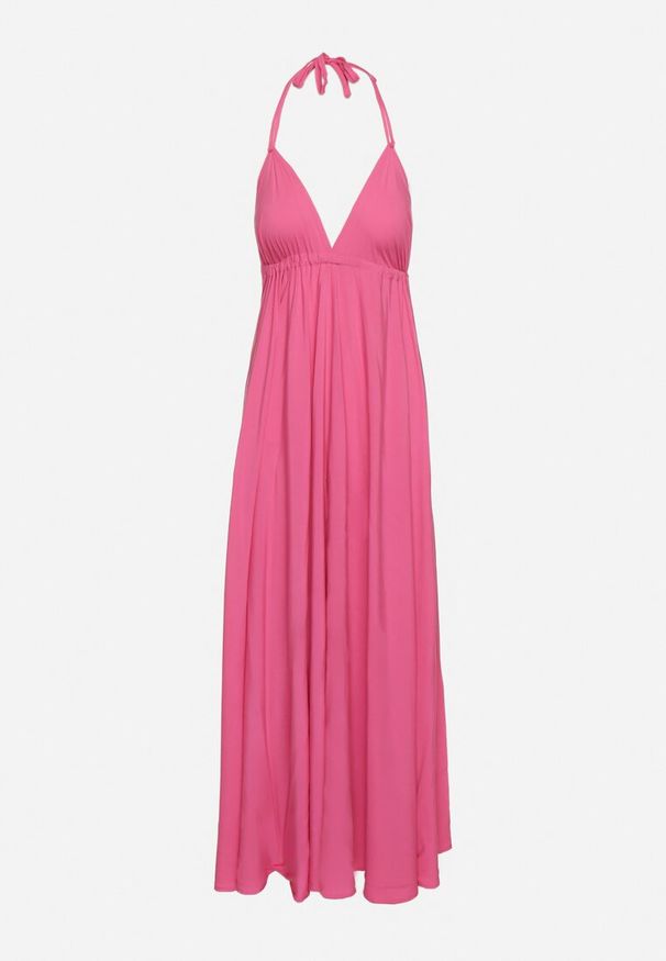 Born2be - Fuksjowa Sukienka z Wiskozy o Mocno Rozkloszowanym Fasonie Wiązana na Szyi Uldren. Okazja: na spacer, na co dzień. Kolor: różowy. Materiał: wiskoza. Sezon: lato. Typ sukienki: rozkloszowane. Styl: casual