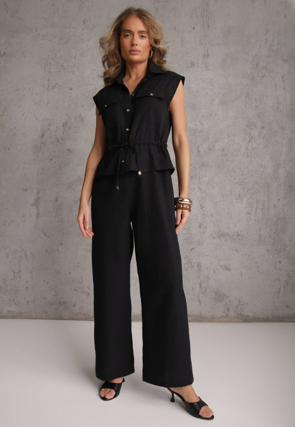 Renee - Czarny Koszulowy Kombinezon Bez Rękawów z Bawełny i Wiskozy z Baskinką Tefnor. Kolor: czarny. Materiał: wiskoza, bawełna. Długość rękawa: bez rękawów. Sezon: lato. Styl: boho