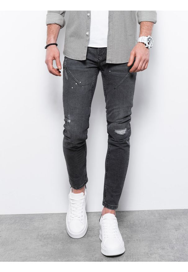 Ombre Clothing - Spodnie męskie jeansowe z przetarciami i dziurami SKINNY FIT - czarne P936 - M. Kolor: czarny. Materiał: jeans