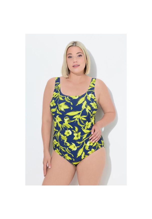ULLA POPKEN - Damskie Strój kąpielowy roślinny nadruk bez miękkich miseczek. Kolekcja: plus size. Kolor: niebieski. Materiał: poliamid, poliester, materiał, elastan. Wzór: nadruk