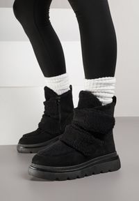Renee - Czarne Botki Typu Śniegowce na Platformie z Dwoma Ozdobnymi Rzepami Edarlia. Okazja: na co dzień. Zapięcie: rzepy. Kolor: czarny. Materiał: jeans. Obcas: na platformie. Styl: elegancki, casual #7