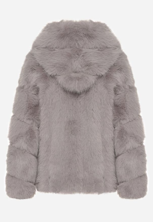 Born2be - Szara Futrzana Kurtka z Kapturem Daviella. Typ kołnierza: kaptur. Kolor: szary. Materiał: futro. Wzór: aplikacja