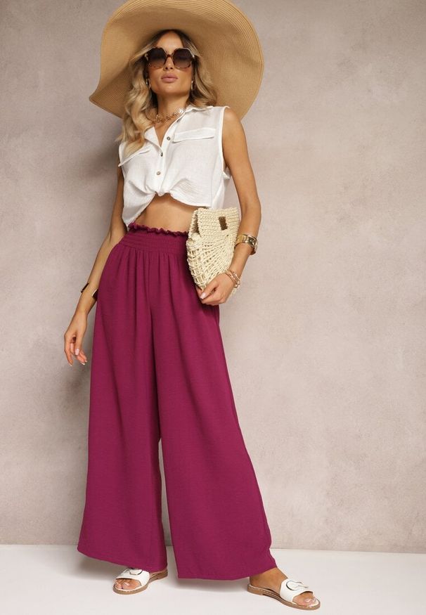 Renee - Bordowe Spodnie High Waist z Szerokimi Nogawkami i Gumką w Pasie Risabessa. Okazja: na co dzień. Stan: podwyższony. Kolor: czerwony. Styl: elegancki, casual