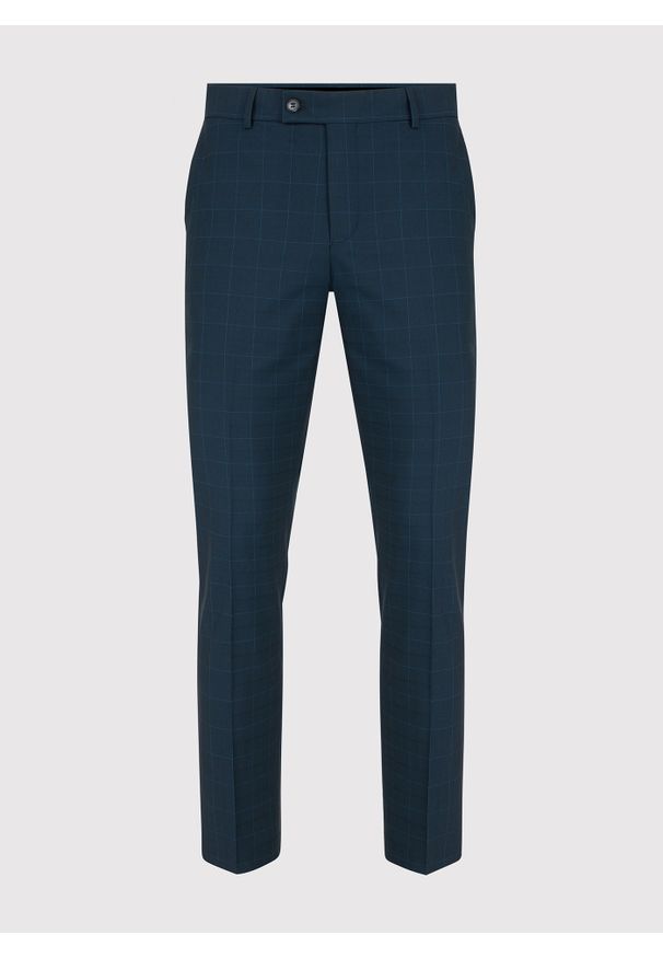 Pako Lorente - PAKO LORENTE – Granatowe spodnie w delikatną niebieską kratkę P23SF-6G-003-G-S. Kolor: niebieski. Materiał: poliester, wiskoza, elastan. Wzór: kratka