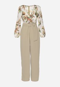 Born2be - Jasnozielony Kombinezon z Szerokimi Nogawkami z Kwiatową Górą i Paskiem z Klamrą Ilanvi. Okazja: na co dzień. Kolor: zielony. Długość rękawa: długi rękaw. Długość: długie. Wzór: kwiaty. Styl: casual #2