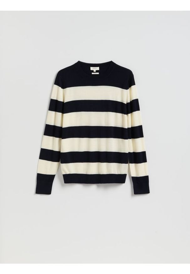 Reserved - Sweter z wełny merino - granatowy. Kolor: niebieski. Materiał: wełna