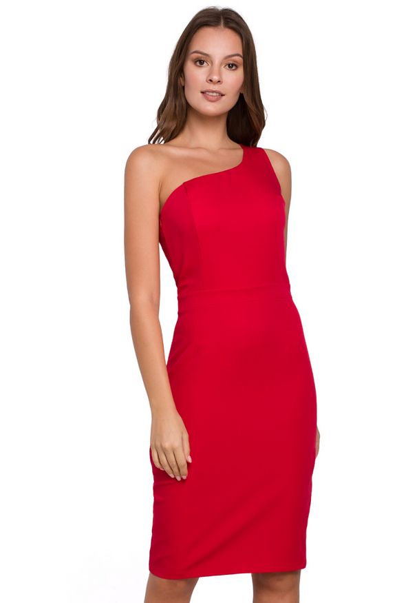 Makover - Elegancka sukienka na jedno ramię z ołówkowym dołem. Okazja: do pracy, na randkę, na imprezę. Typ sukienki: ołówkowe. Styl: elegancki. Długość: midi